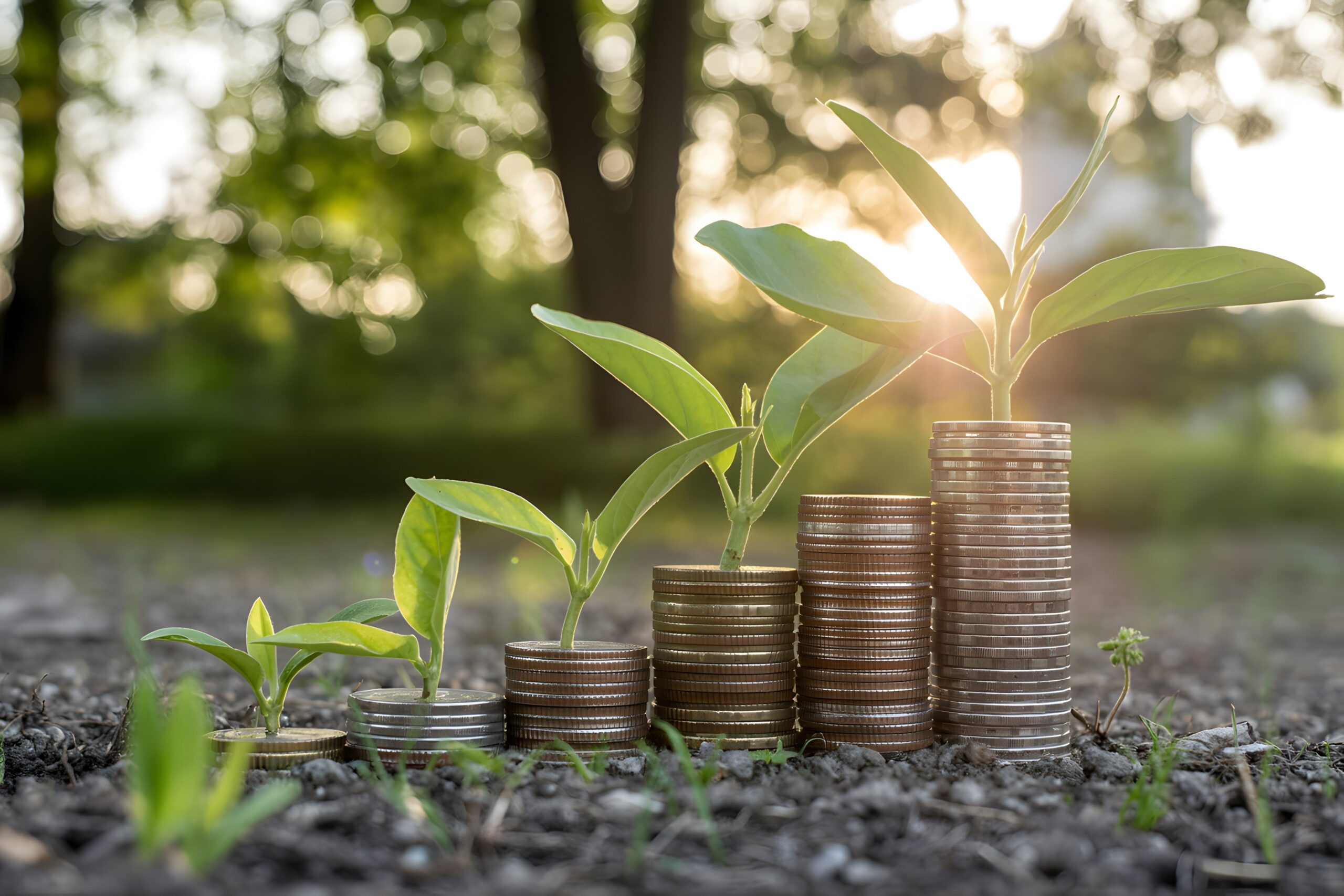 Groeiende planten op stapels munten als symbool voor financiering, investeringen en duurzame groei.