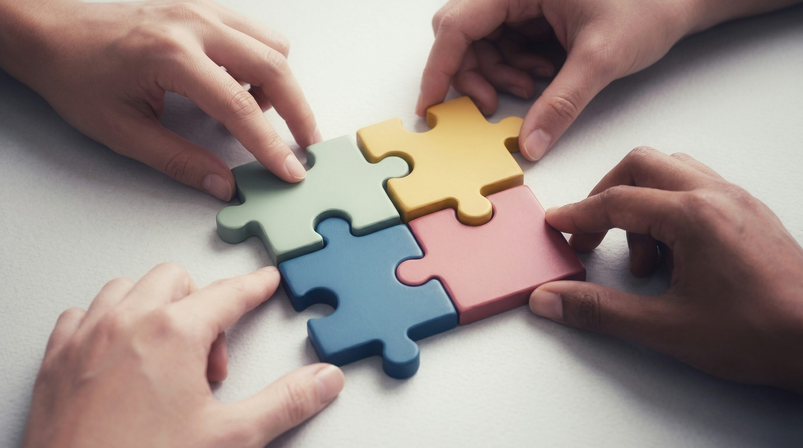 Vier puzzelstukken worden samengebracht als symbool voor samenwerking, partnerschap en gezamenlijke doelstellingen.