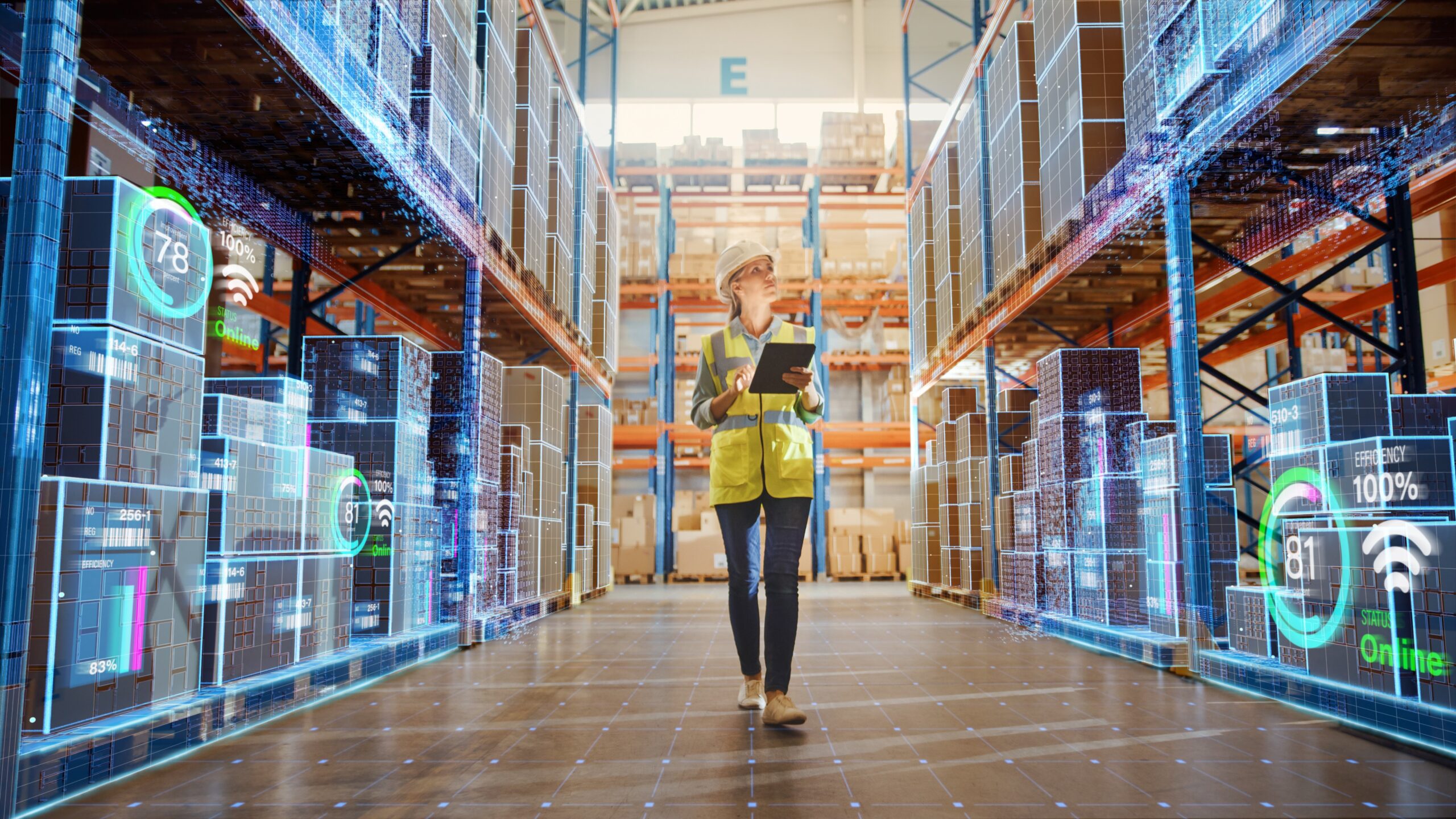 Digitale magazijnomgeving waarin technologie en data worden ingezet voor efficiëntere logistieke processen.