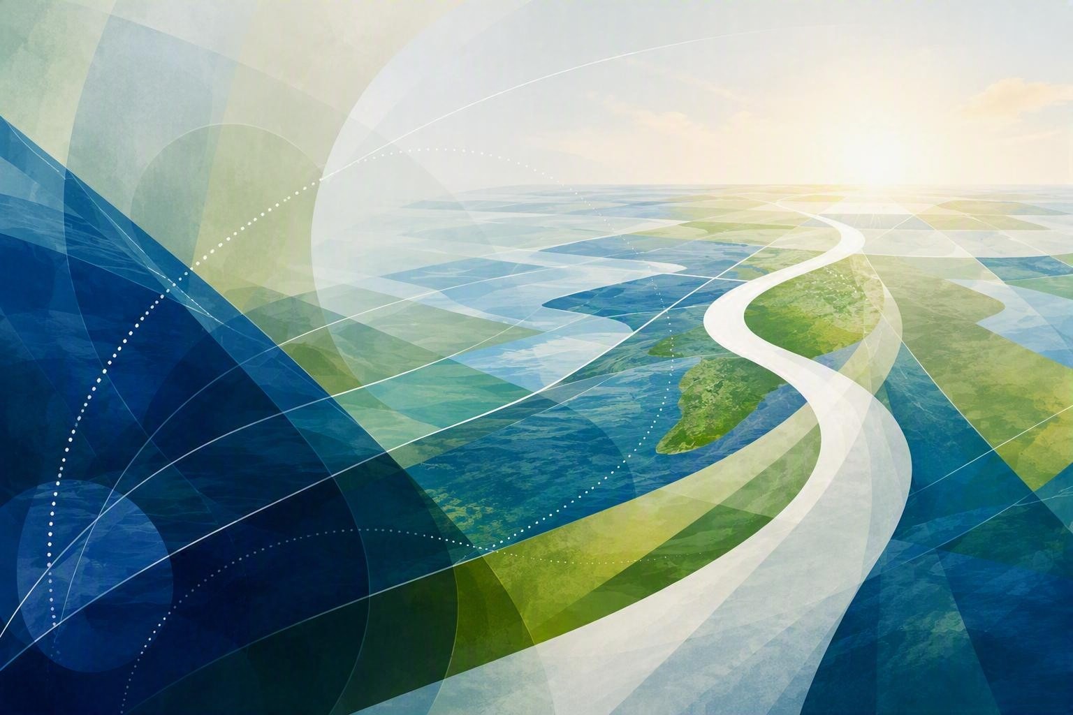 Abstracte illustratie in blauw- en groentinten met transparante geometrische vormen, verbindende lijnen en een kronkelend wit pad dat richting de horizon loopt. De afbeelding symboliseert regionale samenwerking, strategische koersvorming, groei en de doorontwikkeling van Economic Board Flevoland.